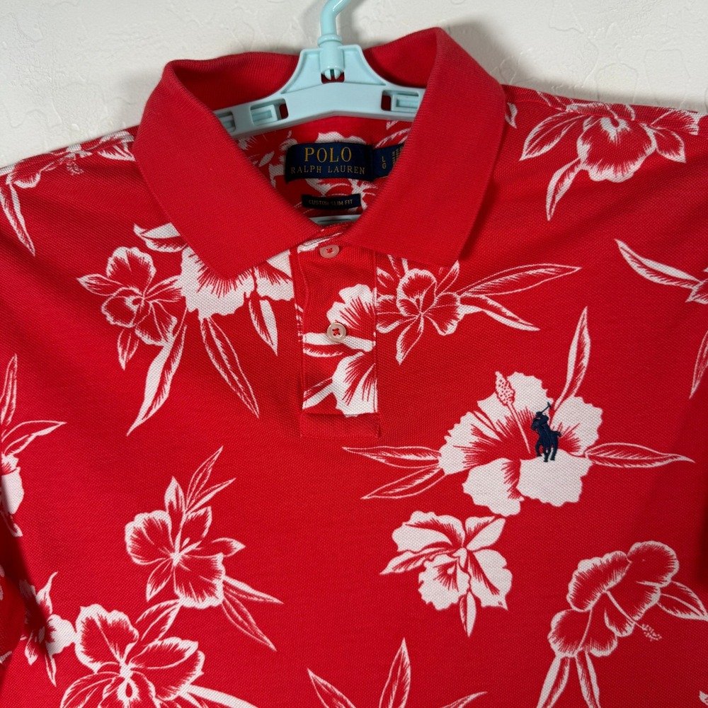 Polo Ralph Lauren Polo Shirt Mens Large Red Floral Custom Slim Fit Hibiscus